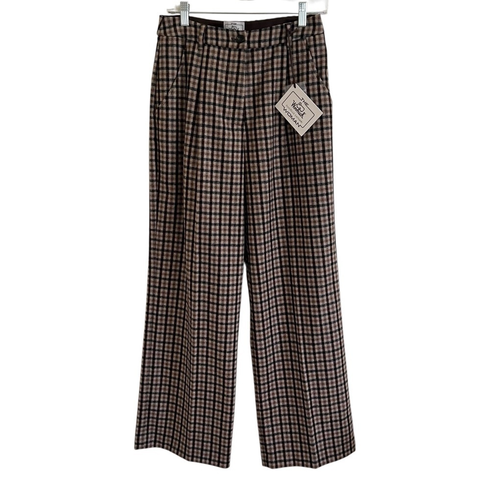 Woolrich Danielle Cathari Italian Wool Blend Pants in Brown Check NWT 28